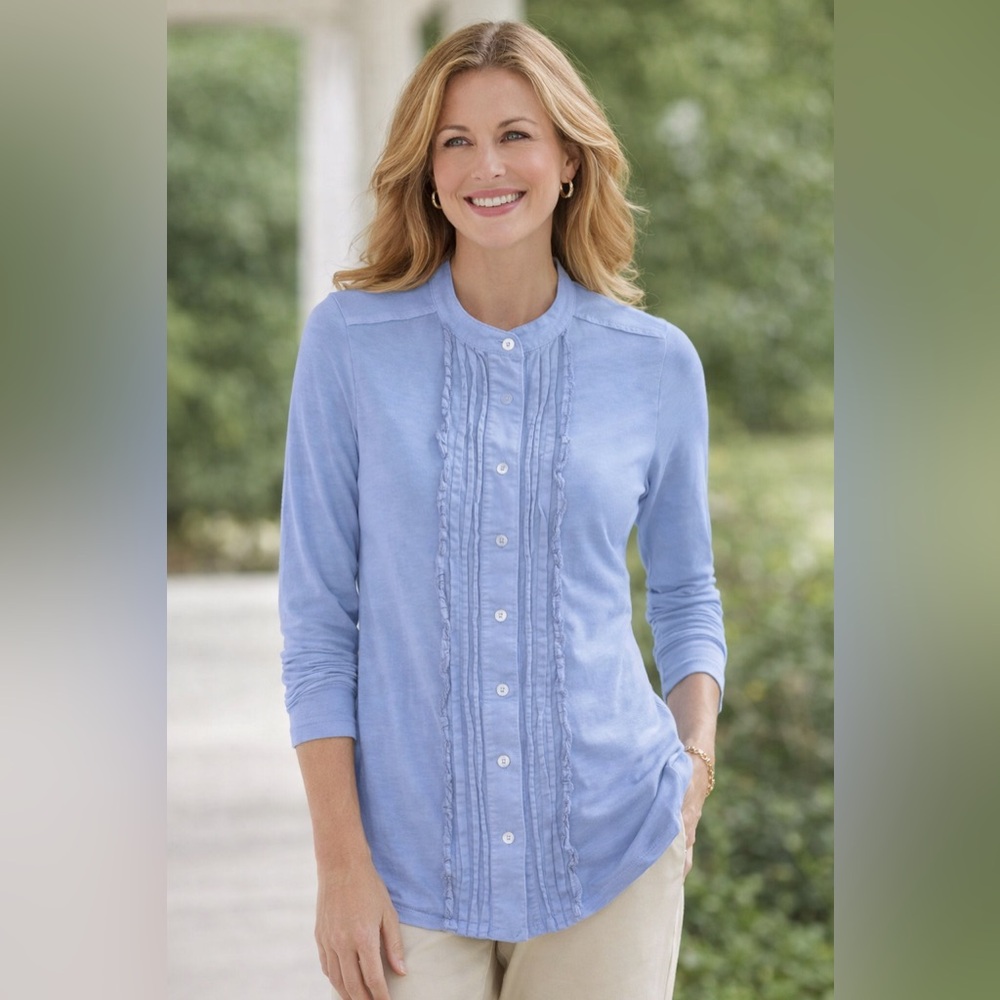 Soft Surroundings Chambray Ruffle Button Up Blouse Women M Blue